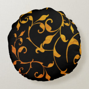 Scrolling Rust and BLack Round Pillow