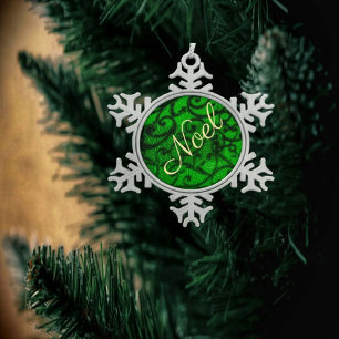 Scrollwork Green  Snowflake Pewter Christmas Ornament