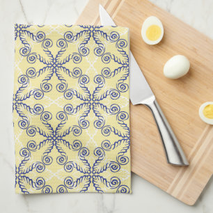 Scrollwork Pattern Navy & White on Yellow Towel