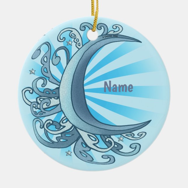 Scrolly Crescent Moon Ceramic Ornament (Front)