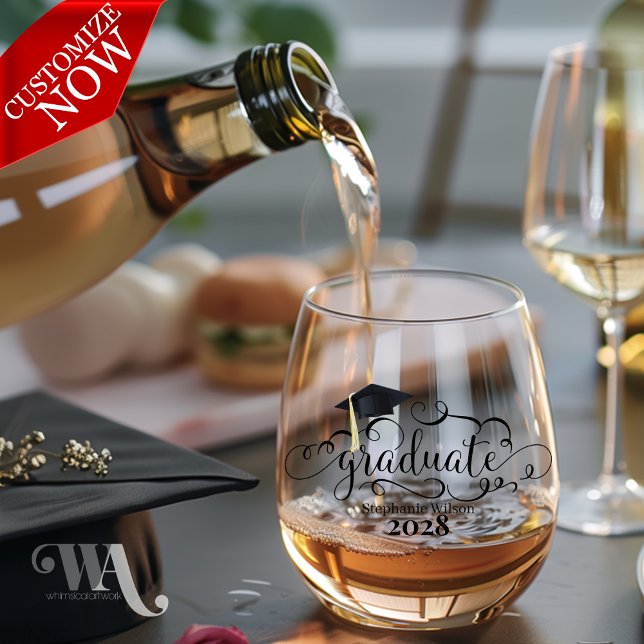 Scrolly Graduate Name and Year  Stemless Wine Glass (easy to customize)