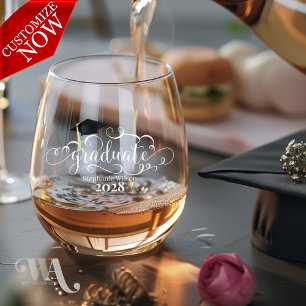 Scrolly Graduate Name and Year Stemless Wine Glass