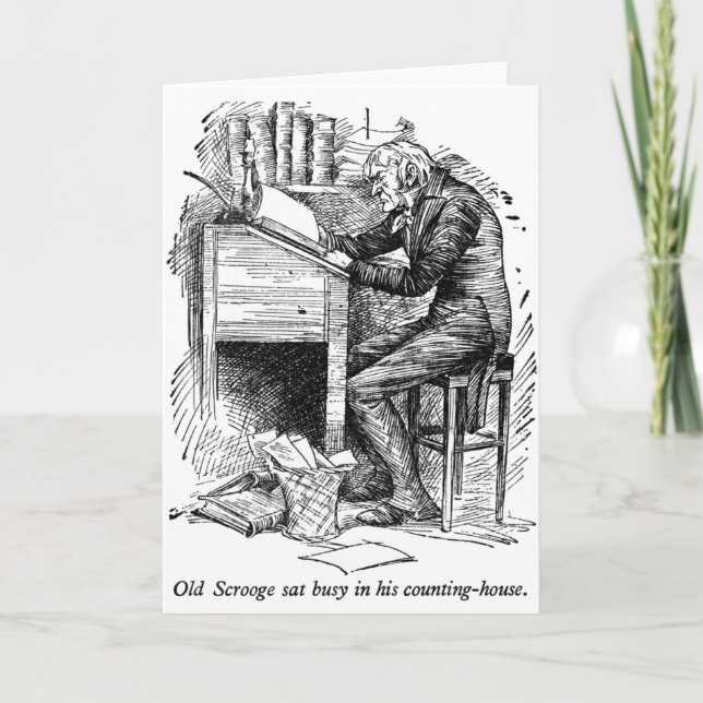Scrooge at His Desk (with text) Holiday Card (Front)