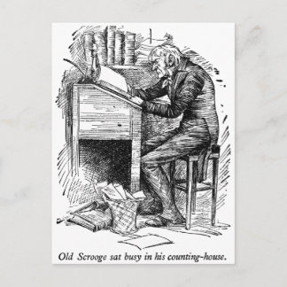 Scrooge at His Desk (with text) Postcard