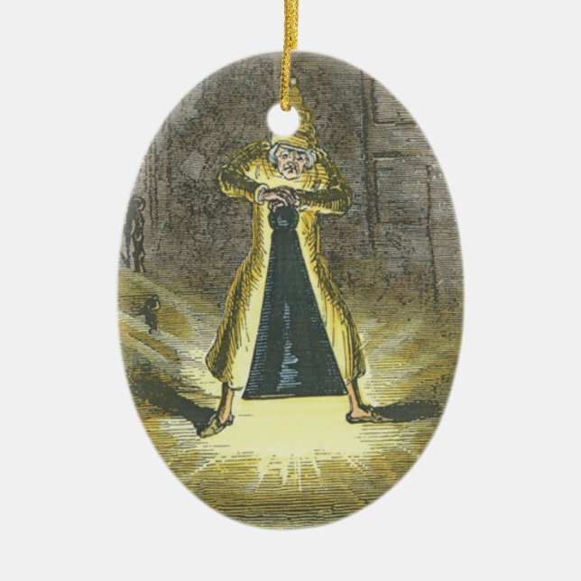 Scrooge trying to stop the Ghost of Christmas Past Ceramic Ornament (Front)