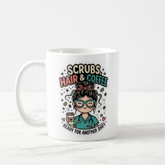 Scrubs Hair and Coffee Funny Nurse Bun Illustratio Mug