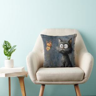 Scruffy Cat Staring at a Butterfly Throw Pillow