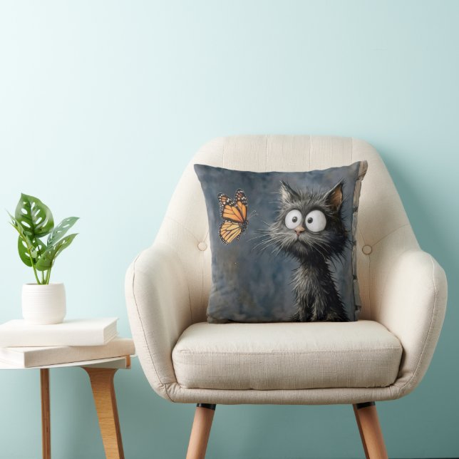 Scruffy Cat Staring at a Butterfly Throw Pillow (Chair)