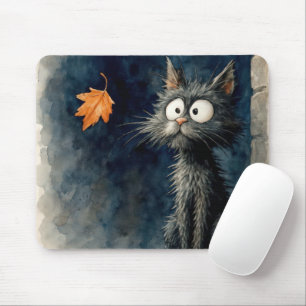 Scruffy Cat With Autumn Leaf Mouse Pad