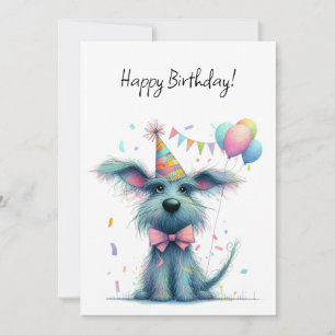 Scruffy Dog in a Birthday Party Hat Balloons Flat Card