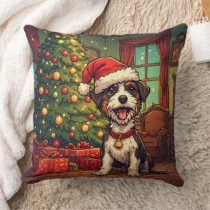 Scruffy Pup Santa Hat Christmas Tree Cheerful Throw Pillow