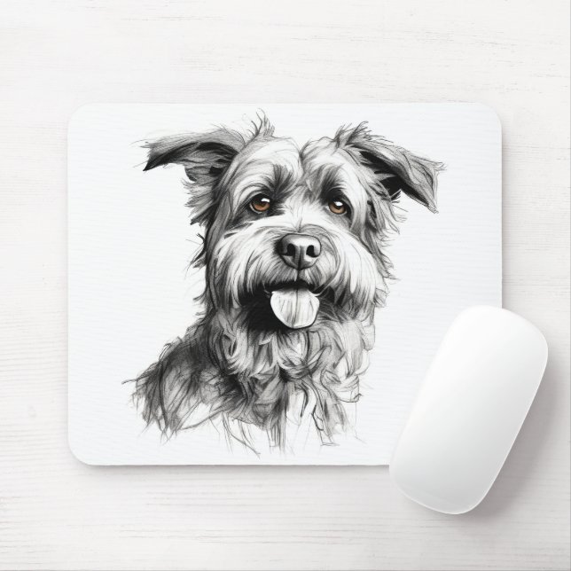 Scruffy Terrier Portrait Sketch Mouse Pad (With Mouse)