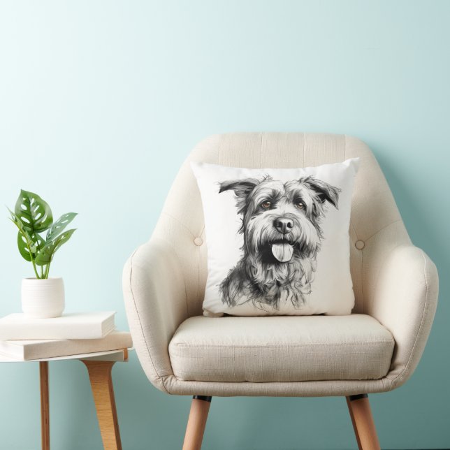 Scruffy Terrier Portrait Sketch Throw Pillow (Chair)