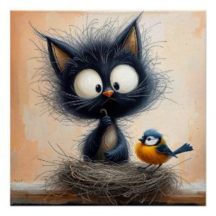 Scruffy Wide-eyed Cat Holding a Worm For a Bird Poster