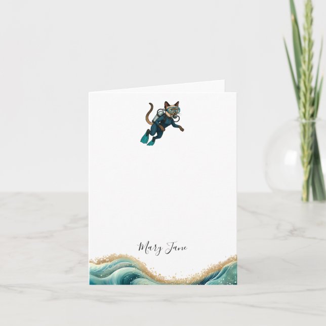 Scuba Cat Diving Blue Wet Suit Note Card (Front)