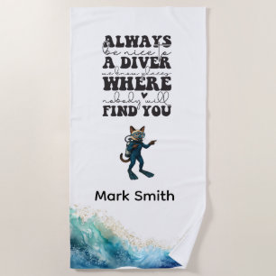 Scuba Cat Diving Blue Wet Suit with your name Beach Towel