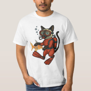 Scuba Cat Diving red Wet Suit with fish T-Shirt