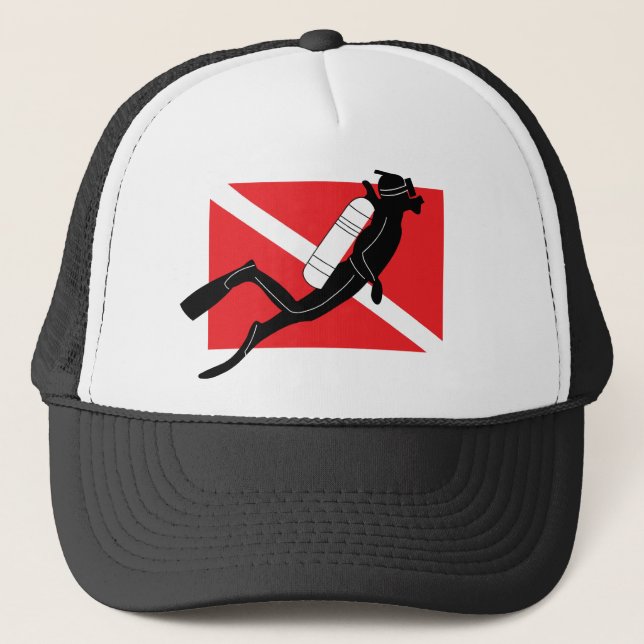 SCUBA Dive Flag With Male SCUBA Diver Trucker Hat (Front)
