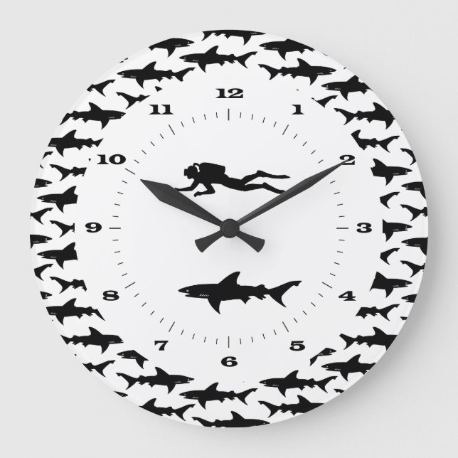 Scuba Diver and School of Sharks Danger Zone Large Clock (Front)