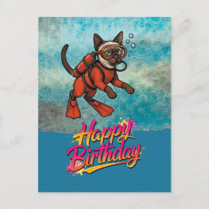 Scuba diver diving cat happy birthday  postcard