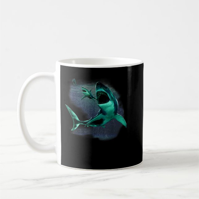 Scuba Diver, Great White Shark & Megalodon Shark D Coffee Mug (Left)