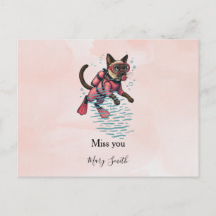 Scuba diver pink themed for cat lovers postcard