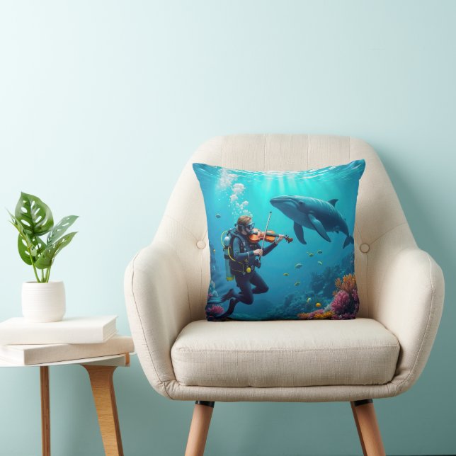 Scuba Diver Playing a Violin For a Whale Throw Pillow (Chair)