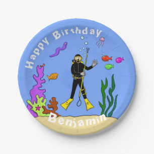 Scuba diver sea life cartoon paper plate