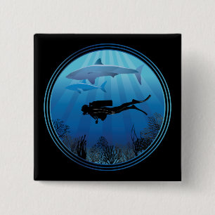 Scuba Diver Shark Diving 2 Inch Square Button