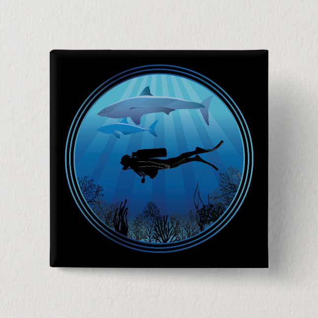 Scuba Diver Shark Diving 2 Inch Square Button (Front)