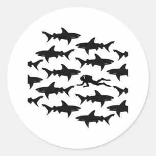 Scuba Diver Swimming with a School of Sharks Classic Round Sticker