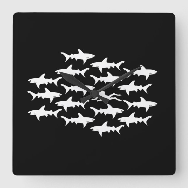 Scuba Diver Swimming with a School of Sharks Square Wall Clock (Front)