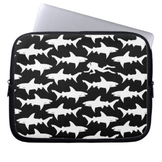 Scuba Diver Swimming with School of Sharks Laptop Sleeve