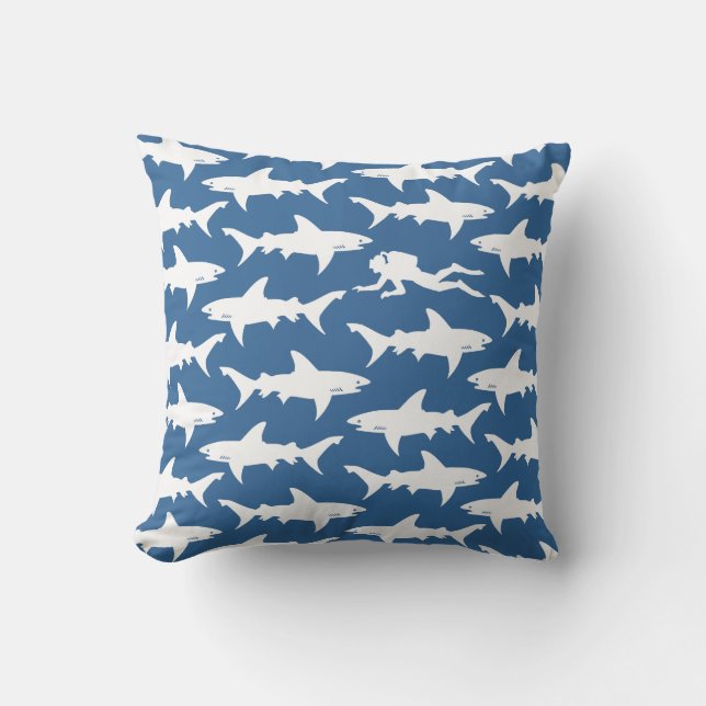 Scuba Diver Swimming with School of Sharks Throw Pillow (Front)
