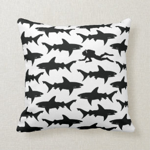 Scuba Diver Swimming with School of Sharks Throw Pillow