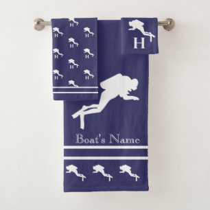 SCUBA DIVERS Monogrammed White Navy Grey Bath Towel Set