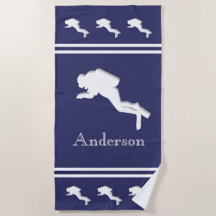 SCUBA DIVERS Monogrammed White Navy Grey Beach Towel
