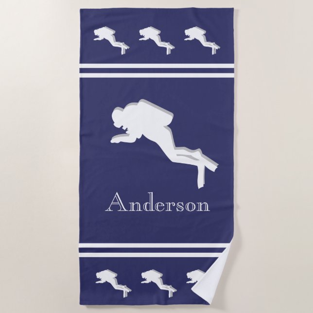 SCUBA DIVERS Monogrammed White Navy Grey Beach Towel (Front)