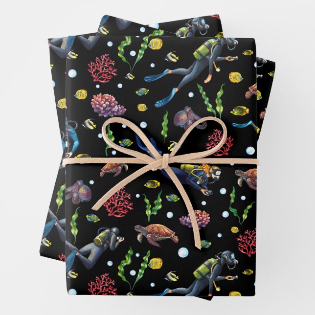 Scuba Divers Under Ocean Coral Tropical Fish Wrapping Paper Sheet (In situ)