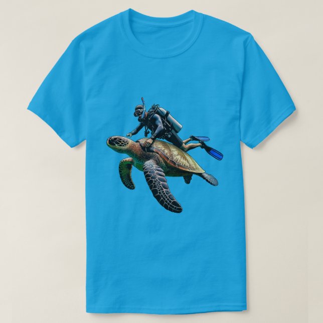 SCUBA Diving Diver Swimming with a Big Turtle URM T-Shirt (Design Front)