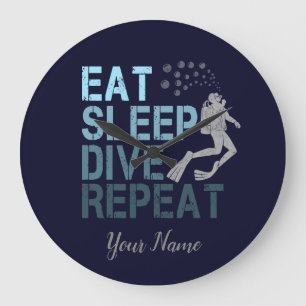 Scuba Diving Eat Sleep Dive Repeat saying Large Clock