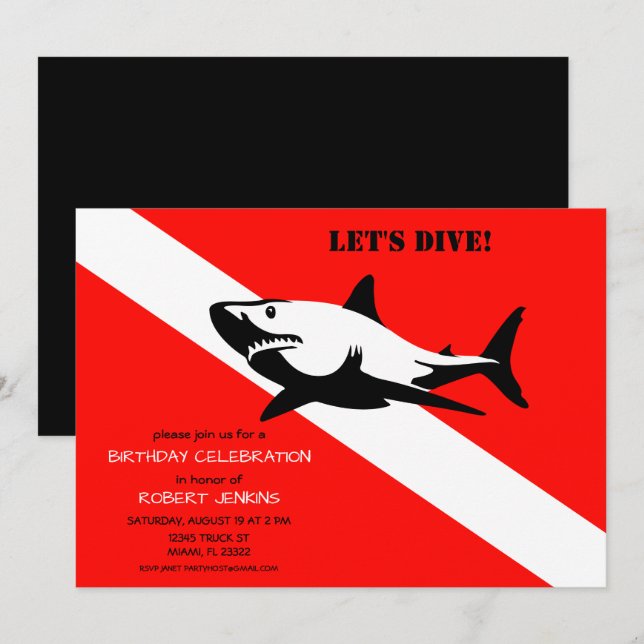 Scuba Diving Flag and Shark Birthday Invitation (Front/Back)
