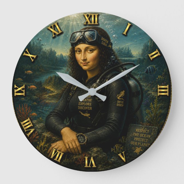 Scuba Diving Funny Mona Lisa Underwater Adventure  Large Clock (Front)