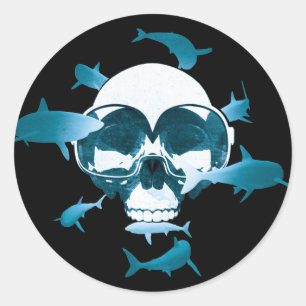 Scuba Diving Skull and Sharks Graphic Design Classic Round Sticker