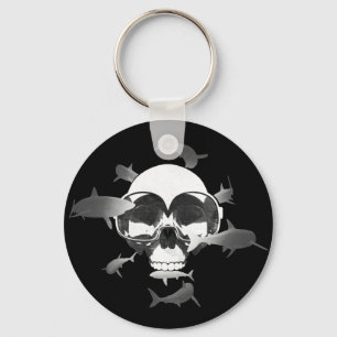 Scuba Diving Skull and Sharks Graphic Design Keychain