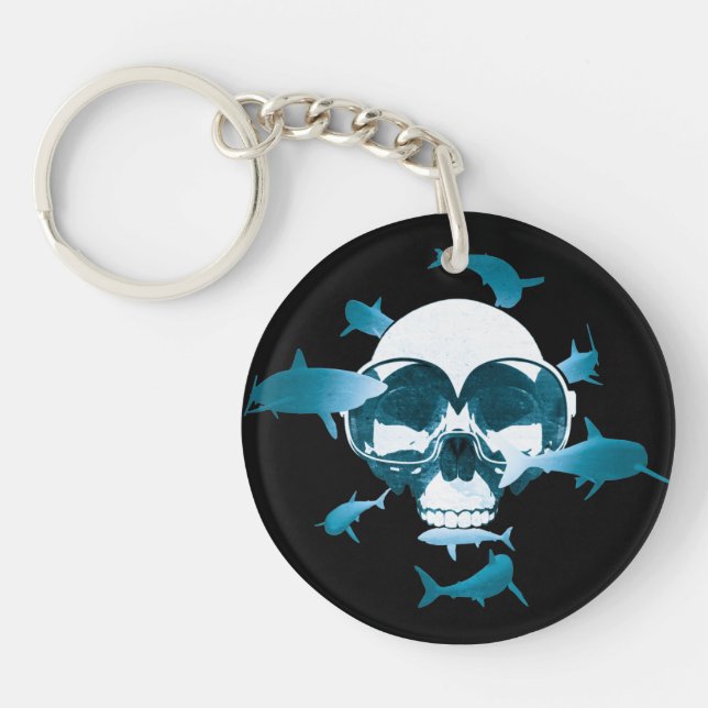 Scuba Diving Skull and Sharks Graphic Design Keychain (Front)
