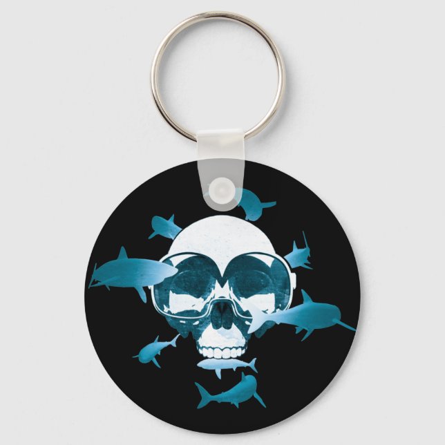 Scuba Diving Skull and Sharks Graphic Design Keychain (Front)