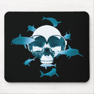 Scuba Diving Skull and Sharks Graphic Design Mouse Pad