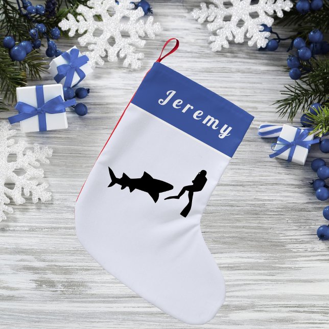 Scuba Diving Theme Diver & Shark Sea Colour Name Small Christmas Stocking (Creator Uploaded)