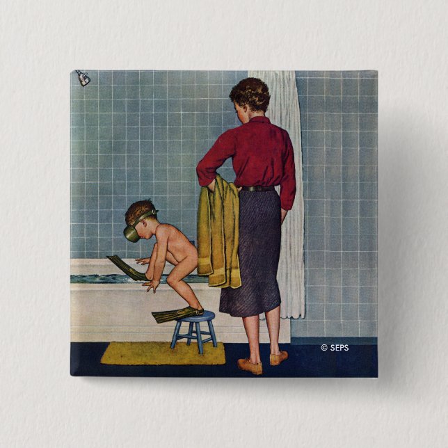 Scuba in the Tub 2 Inch Square Button (Front)